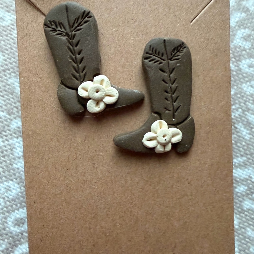 Brown Cowboy Boot Polymer Clay Earrings with Floral Detail - Picture 2 of 2